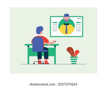 Male students learn online through study websites, following the teacher lessons from home. Character design. Vector flat illustration