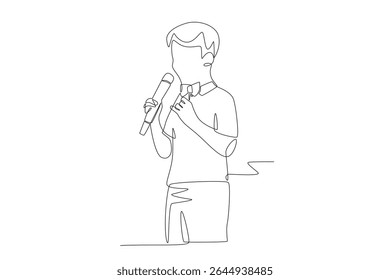 Male students take part in a singing competition at school. School events concept one-line drawing