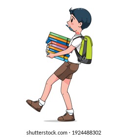 Male Students walk, Boy, cartoon, education,cute, Smile; student, short hair, clever, lovely, high school boy,high school,cute smiling school boy, a schoolbag on shoulders, children, carryin