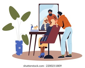 Male stylist cutting client’s hair. Haircut.  Woman in the beauty salon. Hairdresser and customer. Flat vector illustration. 