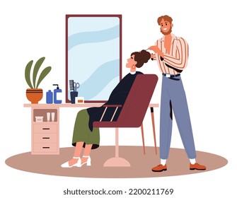 Male stylist making hairstyle for the client. Bob, bun hairdo. Woman in the beauty salon. Hairdresser and customer. Flat vector illustration. 