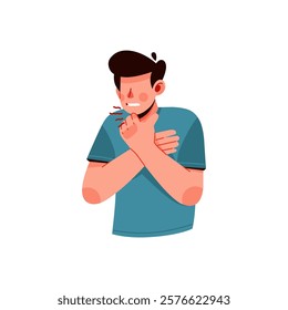 Male suffering from sore throat holding his neck because of pain when swallowing because of infection, inflammation and flu symptom. Flat illustration vector design isolated on white background