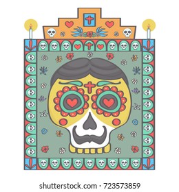 Male sugar skull head and frame with religious ornaments in Mexican Halloween style, colorful vector drawing