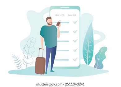 Hombre con maleta y teléfono inteligente, smartphone grande con tarjeta de embarque, check-in en línea, estilo simple de moda, Ilustración vectorial plana al aire libre