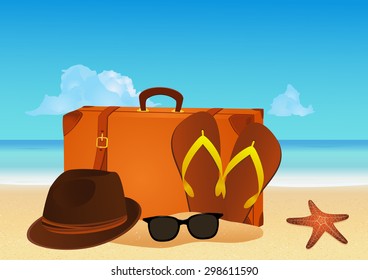 Male summer accessories: sun hat, sunglasses, flip flops and suitcase on tropical beach. Summer vacation concept background. Vector illustration