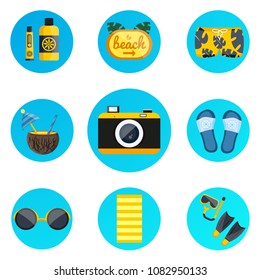Male summer time weekend vacation holiday beach accessories man boy set. Modern flat cartoons vector illustration icon. Cocktail, umbrella, sunglasses, shorts, towel, flip flops, camera, suntan cream