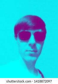 Male In Sunglasses In Pop Art Style. Duotone Man Face In Purple And Blue Colors. Halftone Vector Illustration.