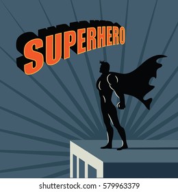 Male Super hero atop a skyscraper background. Standing strong  in a cityscape. With dimensional type and space for your copy. EPS 10 vector.