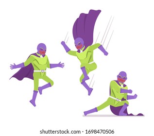 Male super hero in bright costume, attack poses. Heroic strong warrior, superpower man with superior combat and battle skills, successful extraordinary guy. Vector flat style cartoon illustration