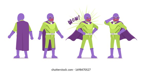 Male super hero in bright costume. Heroic strong brave warrior, superpower man with superior combat and battle skills, successful extraordinary guy. Vector flat style cartoon illustration