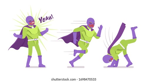 Male super hero in bright costume, different poses. Heroic strong warrior, superpower man with superior combat, battle skills, successful extraordinary guy. Vector flat style cartoon illustration