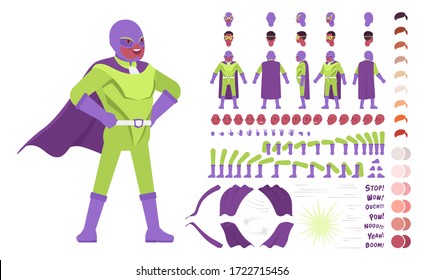 Male super hero in bright costume construction set with motion, sound effects. Comic book superstrong man best in combat and battle, successful leader. Vector illustration