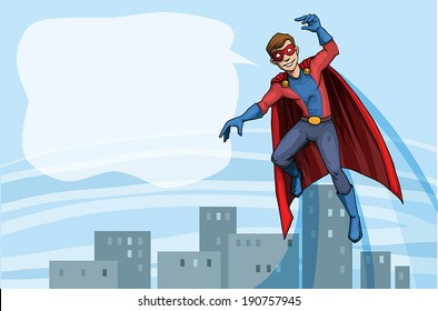 Male super hero character in flight, above the city with speech bubble, vector illustration