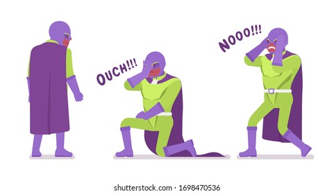 Male super hero in classic bright costume negative emotions. Heroic strong brave warrior, superpower man with superior combat, battle skills, extraordinary guy. Vector flat style cartoon illustration