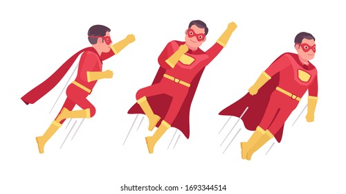 Male super hero in classic costume, flying pose. Heroic strong brave warrior, superpower man with superior combat, battle skills, successful extraordinary guy. Vector flat style cartoon illustration