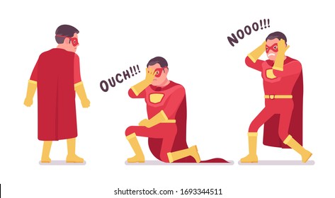 Male super hero in classic red costume negative emotions. Heroic strong brave warrior, superpower man with superior combat and battle skills, extraordinary guy. Vector flat style cartoon illustration