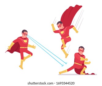 Male super hero in classic red costume, attack poses. Heroic strong warrior, superpower man with superior combat and battle skills, successful extraordinary guy. Vector flat style cartoon illustration