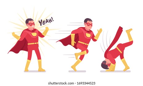 Male super hero in classic red costume, different poses. Heroic strong warrior, superpower man with superior combat, battle skills, successful extraordinary guy. Vector flat style cartoon illustration