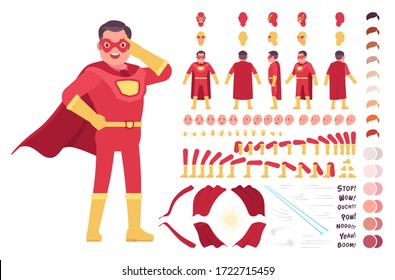 Male super hero in classic red costume construction set with motion, sound effects. Comic book superpower man best in combat and battle, successful leader. Cartoon flat style infographic illustration