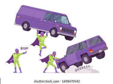 Male super hero holding a heavy van. Heroic strong brave warrior, superpower man with superior combat, battle skills, successful extraordinary guy. Vector flat style cartoon illustration