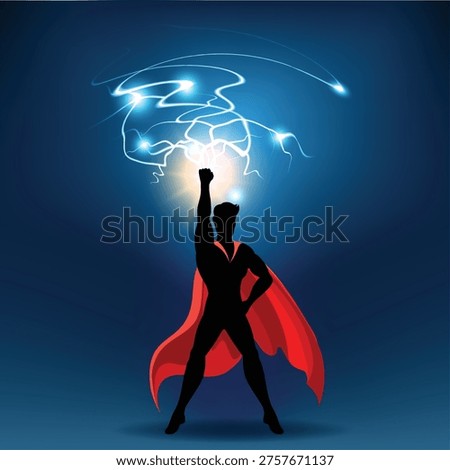 Male superhero with blue lightning force. Super hero vector illustration