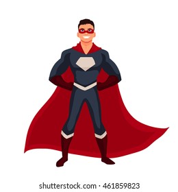 Male Superhero Cartoon Style Vector Illustration Isolated On White Background. Man In Casual Suit And In Superhero Disguise, Super Power.