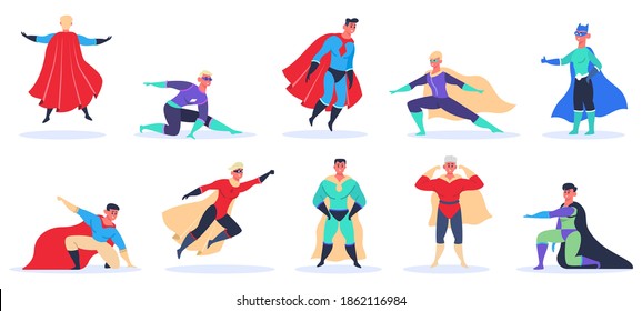 Male superhero characters. Muscular handsome in superheroes costume, flying and standing in action pose isolated vector illustration set. Powerful man wearing cloak or cape