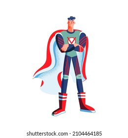Male superhero in costume with arms crossed. Man with cape vector illustration. Cartoon comic boy with powers posing isolated on white background. Brave smiling guy standing.