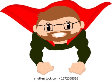Male superhero flying character with superpowers , achieving  business success goals in cape, hipster beard and glasses.