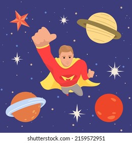 Male superhero at galaxy flying in outer space. Man in cosmic area near planet, stars and spaceship. Concept of facing with new and unknown. Flying person exploring space and discovering mysteries