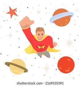 Male superhero at galaxy flying in outer space. Man in cosmic area near planet, stars and spaceship. Concept of facing with new and unknown. Flying person exploring space and discovering mysteries