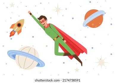 Male superhero at galaxy flying in outer space. Man in cosmic area near planet, stars and spaceship. Concept of facing with new and unknown. Flying person exploring space and discovering mysteries