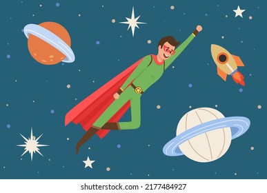 Male superhero at galaxy flying in outer space. Man in cosmic area near planet, stars and spaceship. Concept of facing with new and unknown. Flying person exploring space and discovering mysteries