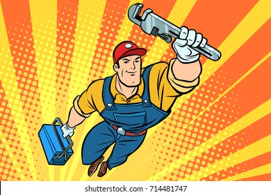 Male superhero plumber with a wrench