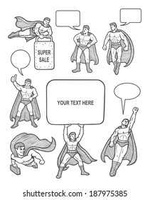 Male superhero sketches with speech bubbles comic style. You can use any design you want. Easy to use, edit, or change color.