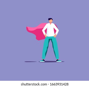 Male superhero standing face forward isolated. Aambitious businessman, strong and confident leader. Isolated on purple. Flat Art Vector Illustration