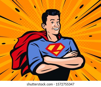 Male superhero. Vector illustration in pop art retro comic style