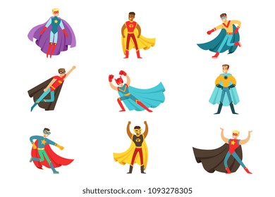 Male Superheroes In Classic Comics Costumes With Capes Set Of Smiling Flat Cartoon Characters With Super Powers