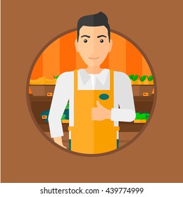 Male supermarket worker giving thumb up while standing on the background of shelves with vegetables and fruits in supermarket. Vector flat design illustration in the circle isolated on background.