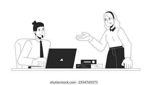 Male supervisor and female intern positive communication black and white 2D line characters. Internship business caucasian adults isolated vector outline people. Monochromatic spot illustration