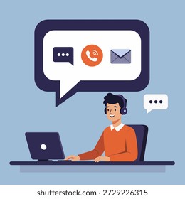 Male support agent using laptop and headset for online customer service