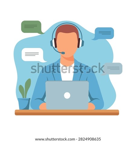Male support agent using laptop and headset for online customer assistance.