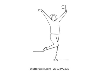 A male supporter raised his hand. Football supporter one-line drawing