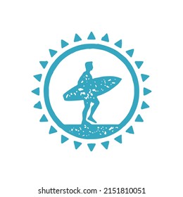 Male surfer carrying board sea wave riding hand drawn circle logo with sun beams grunge texture vector illustration. Summer travel vacation, active lifestyle, extreme aquatic sports leisure activity