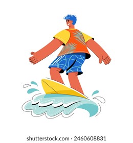 Male surfer character hyperbolic in flat style. Riding a surfboard on the waves.Vector stock illustration.