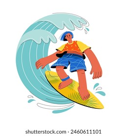 Male surfer character hyperbolic in flat style. Riding a surfboard on the waves.Isolated on a white background.Vector stock illustration.