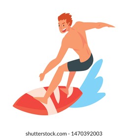 Male Surfer Character Riding on Ocean Wave with Surfboard, Summer Recreational Beach Water Sport Vector Illustration