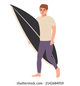 male surfer in a fashionable flat style, isolated on a white background. Vector simple illustration