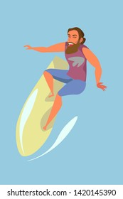 Male surfer flat illustration. Water activities. Young caucasian man riding with surfboard on waves. Surfing sport. Sea resort. Holidaymaker, tourist cartoon character. Summer vacation color vector