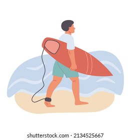 Male surfer goes with surfboard near the sea water vector flat illustration. Guy in swimwear walks on sand. Surfer man on beach water summer activity